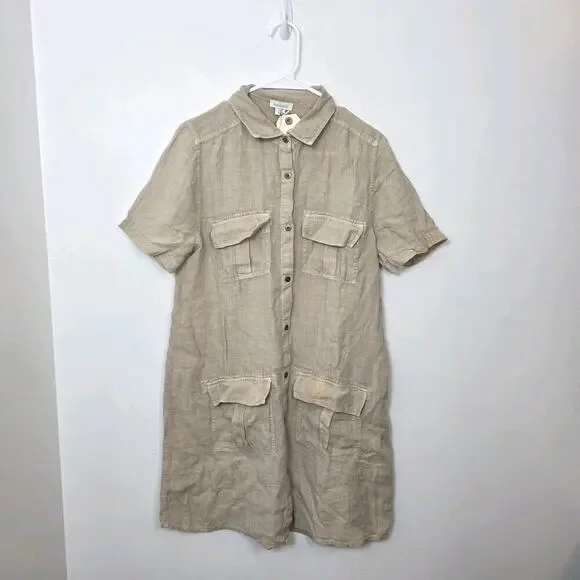 Sundance‎ Tan 100% Linen Safari Outdoor Button Up Harper Mini Shirt Dress Size S - Picture 2 of 9
